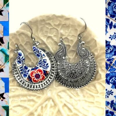 Joyería Tribal Mujer Actual, Pendientes Aro Boho, Regalo Mujer para Fiestas, Réplica Azulejo Portugués, Base Plata Antigua.