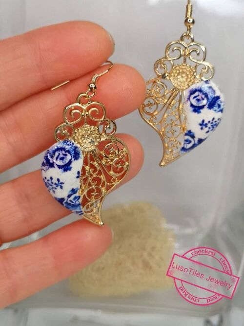 Dainty Golden Filigree Earrings, Viana Heart Earrings With Tile Replicas, Elegant Women Jewelry Typical of Portugal,