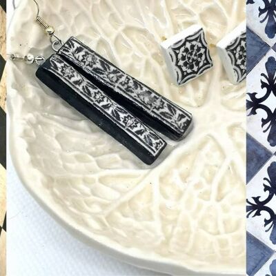 Portugal Matchstick Bar Earrings Black and White Antique Tile-Pink