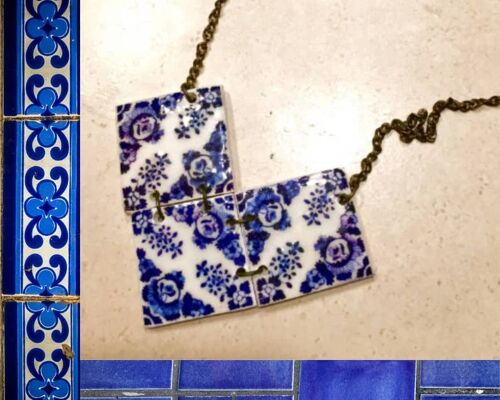 Short Necklace Made of Portuguese Tile Squares, Geometric Jewelry, Light Polymer Clay Necklace, Jewelry for Her