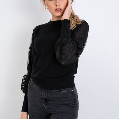 Schwarzer Pullover mit Spitzenärmeln