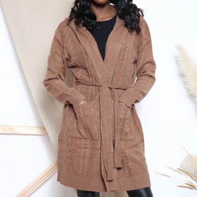Brown hooded cardigan with waist tie