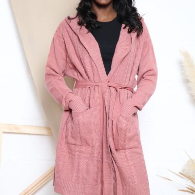 Pink hooded cardigan with waist tie