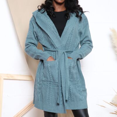 Teal hooded cardigan with waist tie