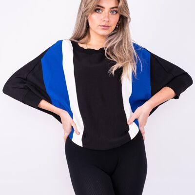 Blue bat wing shape light knit jumper with contrasting colour block stripes