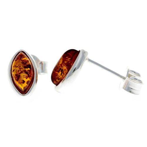 925 Sterling Silver & Genuine Baltic Amber Classic Oval Studs Earrings - 8343