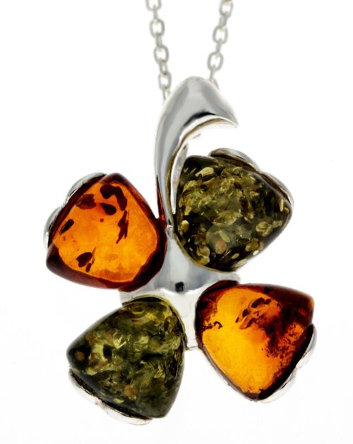 925 Sterling SIlver & Genuine Baltic Amber Lucky Clover Pendant  - GL283