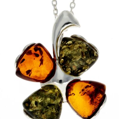 925 Sterling SIlver & Genuine Baltic Amber Lucky Clover Pendant  - GL283