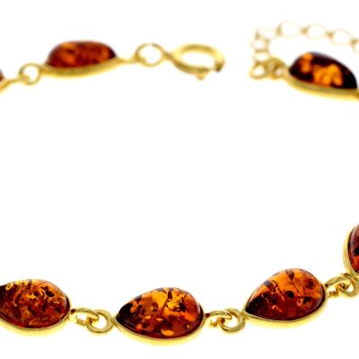 Bracelet à maillons classique en argent sterling 925 plaqué or 22 carats de 19 cm + 4,5 cm serti de véritables pierres précieuses d'ambre de la Baltique - MG502