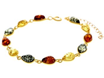 Bracelet à maillons classique en argent sterling 925 plaqué or 22 carats de 19 cm + 4,5 cm serti de véritables pierres précieuses d'ambre de la Baltique - MG502 11