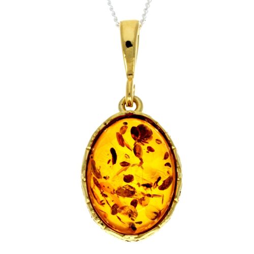 925 Sterling Silver 22 Carat Gold Plated with Genuine Baltic Amber Classic Pendant - MG201