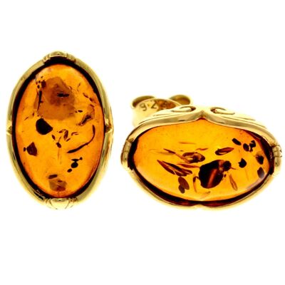Pendientes de botón de ámbar báltico genuino y plata de ley 925 chapada en oro con 1 micra de oro de 22 quilates - MG010