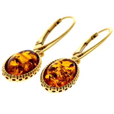 Boucles d'oreilles pendantes en argent sterling 925 plaqué or 22 carats avec ambre véritable de la Baltique - MG008