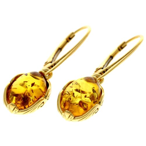 925 Sterling Silver 22 Carat Gold Plated with Genuine Baltic Amber Drop Earrings - MG007
