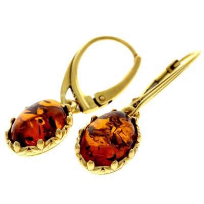 Boucles d'oreilles pendantes en argent sterling 925 plaqué or 22 carats avec ambre véritable de la Baltique - MG004