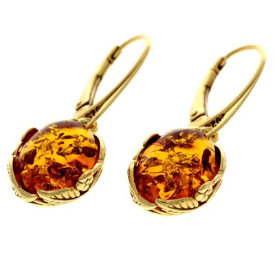 Boucles d'oreilles pendantes en argent sterling 925 plaqué or 22 carats avec ambre véritable de la Baltique - MG003