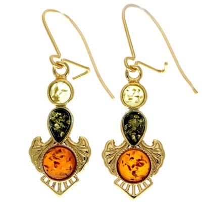 Boucles d'oreilles pendantes en argent sterling 925 plaqué or 22 carats avec ambre véritable de la Baltique - MG002
