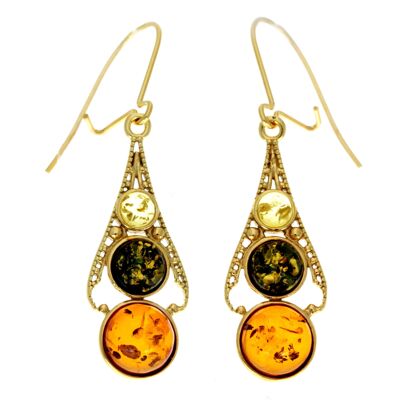 Boucles d'oreilles pendantes en argent sterling 925 plaqué or 22 carats avec ambre véritable de la Baltique - MG001
