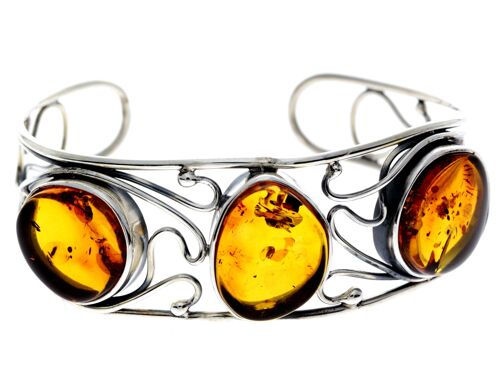 925 Sterling Silver & Genuine Cognac Baltic Amber Exclusive Bangle - BL0165