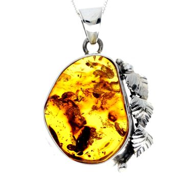 Pendentif unique exclusif en argent sterling 925 et véritable ambre de la Baltique Cognac - PD2396 1