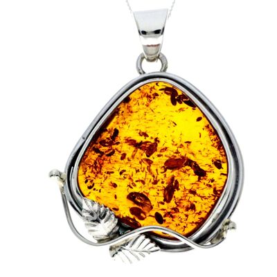 Pendentif unique exclusif en argent sterling 925 et véritable ambre de la Baltique Cognac - PD2391