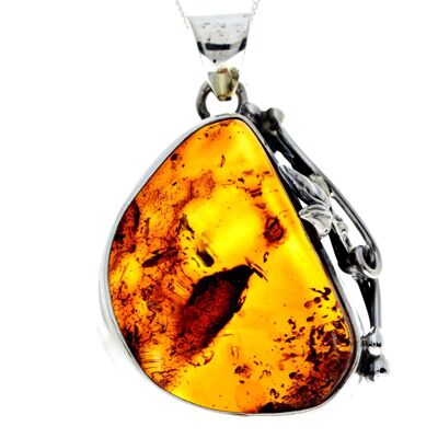 925 Sterling Silver & Genuine Cognac Baltic Amber Exlusive Unique Pendant - PD2389