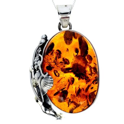 Pendentif unique exclusif en argent sterling 925 et véritable ambre de la Baltique Cognac - PD2388