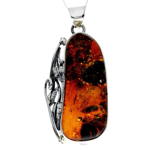 925 Sterling Silver & Genuine Green Baltic Amber Exlusive Unique Pendant - PD2385