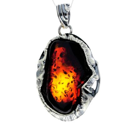 925 Sterling Silver & Genuine Cognac Baltic Amber Exlusive Unique Pendant - PD2368