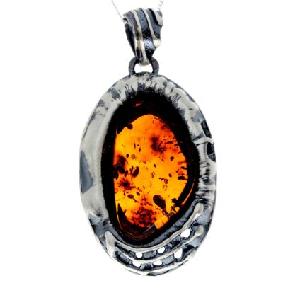 Pendentif unique exclusif en argent sterling 925 et véritable ambre de la Baltique Cognac - PD2367