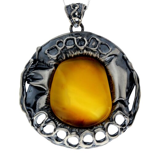 925 Sterling Silver & Genuine Lemon Baltic Amber Exlusive Unique Pendant - PD2363