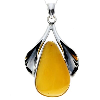 925 Sterling Silver & Genuine Lemon Baltic Amber Exlusive Unique Pendant - PD2360