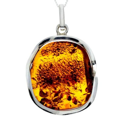 Pendentif unique exclusif en argent sterling 925 et véritable ambre de la Baltique Cognac - PD2357