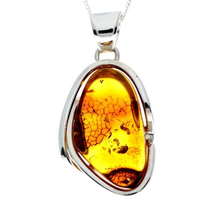 Pendentif unique exclusif en argent sterling 925 et véritable ambre de la Baltique Cognac - PD2354