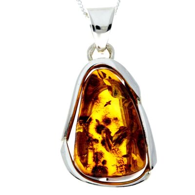 Pendentif unique exclusif en argent sterling 925 et véritable ambre de la Baltique Cognac - PD2353