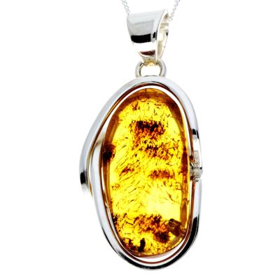 Pendentif unique exclusif en argent sterling 925 et véritable ambre de la Baltique Cognac - PD2352