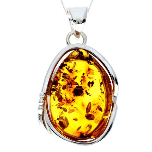 925 Sterling Silver & Genuine Cognac Baltic Amber Exlusive Unique Pendant - PD2350