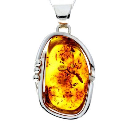 Pendentif unique exclusif en argent sterling 925 et véritable ambre de la Baltique Cognac - PD2347