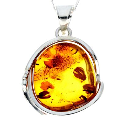 925 Sterling Silver & Genuine Cognac Baltic Amber Exlusive Unique Pendant - PD2346