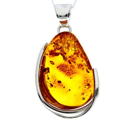Pendentif unique exclusif en argent sterling 925 et véritable ambre de la Baltique Cognac - PD2344