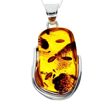 Pendentif unique exclusif en argent sterling 925 et véritable ambre de la Baltique Cognac - PD2343