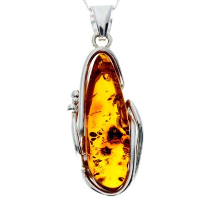 Pendentif unique exclusif en argent sterling 925 et véritable ambre de la Baltique Cognac - PD2342