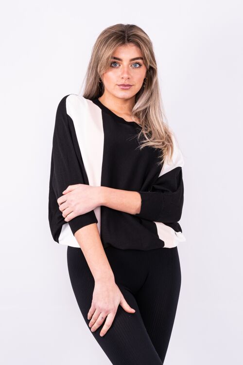 Pink bat wing shape light knit jumper with contrasting colour block stripes