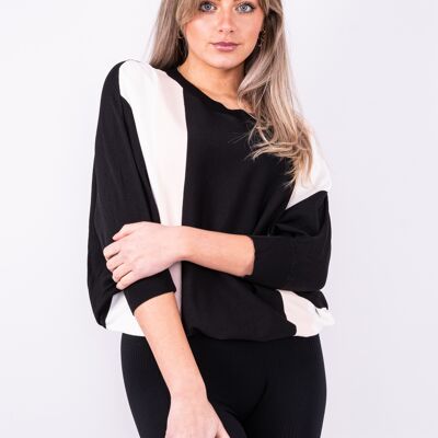 Pink bat wing shape light knit jumper with contrasting colour block stripes