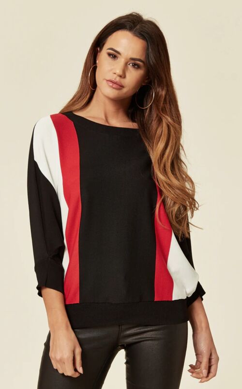 Red bat wing shape light knit jumper with contrasting colour block stripes