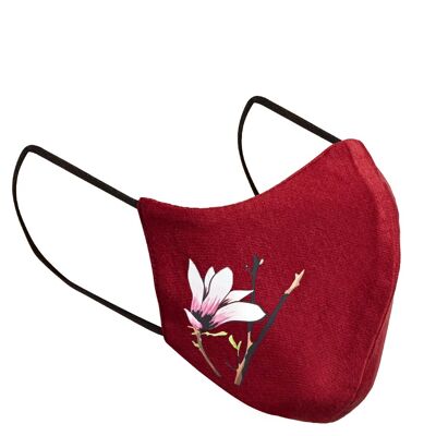 Face mask in 3 layers for adults, magnolia, burgundy, reusable, with nose clip