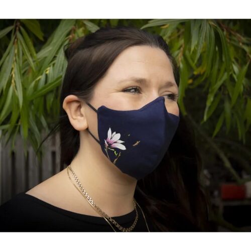 Face mask in 3 layers for adults, magnolia, blue, reusable, with nose clip