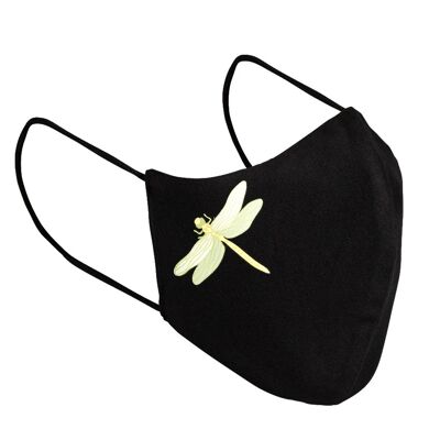 Face mask in 3 layers for adults, dragonfly, black, with nose clip