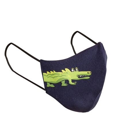 Face mask in 3 layers for children, crocodile, blue, 5-10 years, with nose clip
