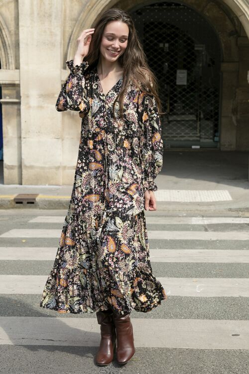 Robe longue à imprimé paisley avec LUREX boutonnée devant, manches ballons